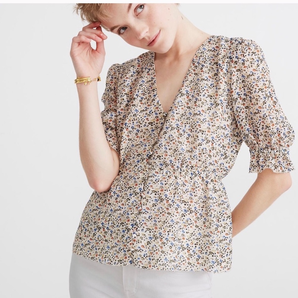 Madewell Silk V-Neck Peplum Top - Fieldwalk Floral